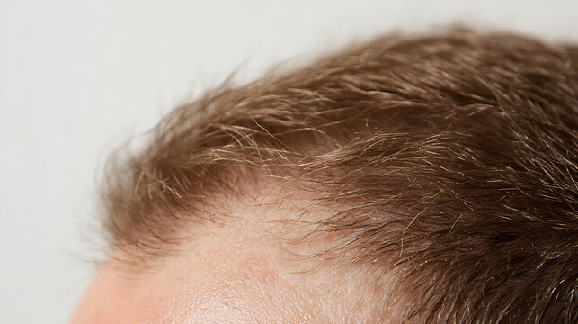 Close-up of a person's hairline shows thinning hair on the forehead. The skin appears fair, and the hair is light brown. The background is a plain, light color, offering a stark contrast.