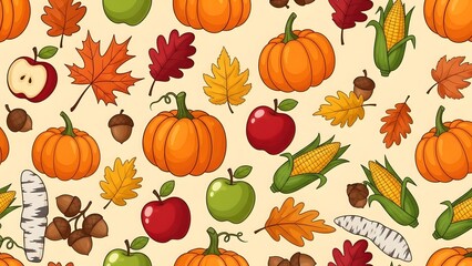Seamless pattern of cartoon harvest icons, pumpkins, apples, leaves, corn, acorns, warm autumn color palette