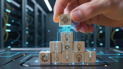 AI innovation pyramid: hand placing final neural network cube atop stack of gears and lightbulbs in glowing server room, symbolizing artificial intelligence architecture, data science and smart automa