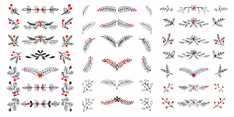 Collection of decorative botanical elements with sprigs and berries in black and red © Prince