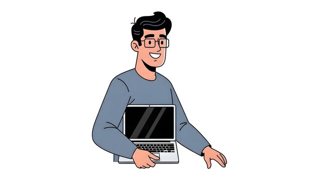 Cartoon computer guy with glasses and dark hair, holding a laptop under his arm, friendly expression, isolated on white background