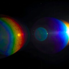 Rainbow lens flare across dark space with hints of stars