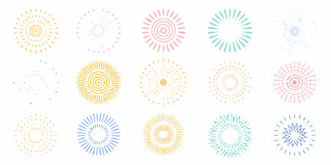 Colorful starburst patterns and radial designs arranged in a grid layout