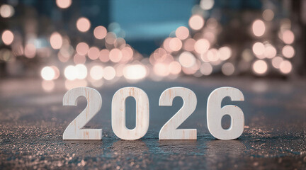 2026: Future Vision. New Year Anticipation with Festive Bokeh Lights & Glitter. Coming Soon Concept.