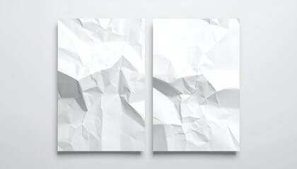Two vertically-oriented, crumpled white paper sheets on a light backdrop