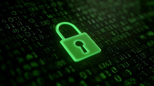 A glowing green padlock icon on a digital background of binary code symbolizing data security and online protection - Powered by Adobe