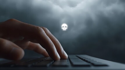 Human fingers pressed on a laptop keyboard a glowing skull icon hovers in dark ominous clouds