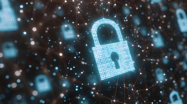 A glowing blue digital padlock icon at the center of an abstract network symbolizing data security - Powered by Adobe