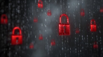 Red digital locks and binary code in a misty atmosphere symbolize data security and cyber threats