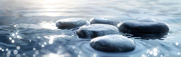 Smooth stones in calm water with sunlight reflections