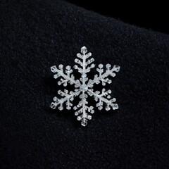 Extreme macro photograph of a snowflake on a black wool fabric, illuminated by a single LED light source, revealing intricate crystalline structures,