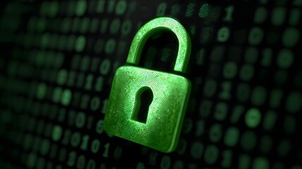 A green digital padlock is superimposed on a dark background filled with glowing binary code