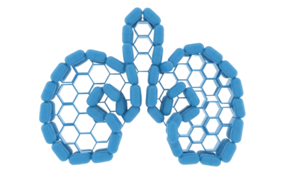 Stylized lungs made of blue capsules forming a hexagonal pattern symbolizing respiratory health and medicine, perfect for healthcare and pharmaceutical topics