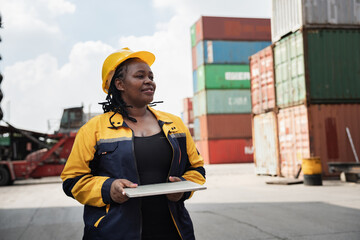 Portrait African woman logistics workers use notebook computer and walkie talkie checking container