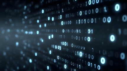 Abstract stream of glowing blue binary code on a dark digital background