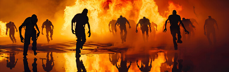 Silhouettes of zombies running towards the viewer in a fiery apocalyptic scene