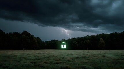 A glowing green padlock icon stands in a grassy field under a dramatic stormy sky with lightning symbolizing digital security against threats