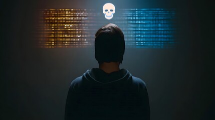 Silhouette facing a digital screen displaying code and a skull icon symbolizing digital threat