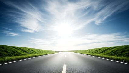 Open Road Through Green Fields Under Bright Blue Sky Horizon