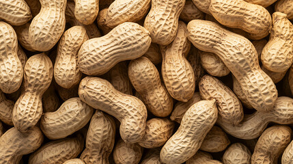 A close-up shot displays a multitude of textured, light brown peanuts in their shells, creating a dense and visually appealing pattern. The nuts are arranged to fill the entire frame.