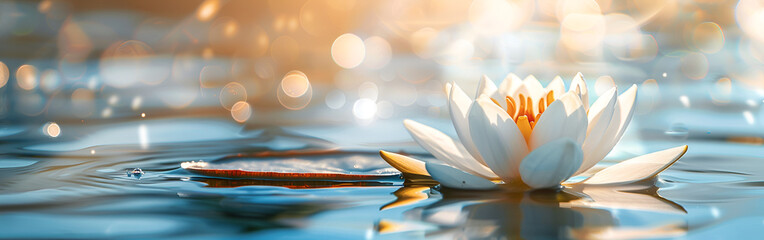 Serene white lotus flower floating on peaceful water surface at sunrise