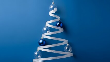 White ribbon spiraling into a Christmas tree shape with clear and blue baubles on a blue background