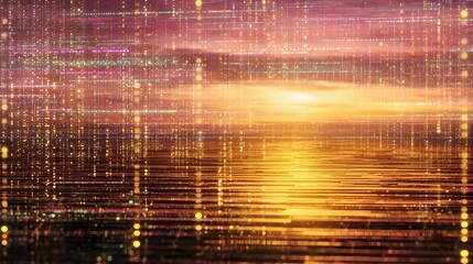 Abstract digital patterns overlay a vibrant sunset reflection on water during golden hour