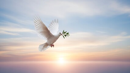 White dove of peace carrying an olive branch flying in a beautiful sunset sky with soft clouds.