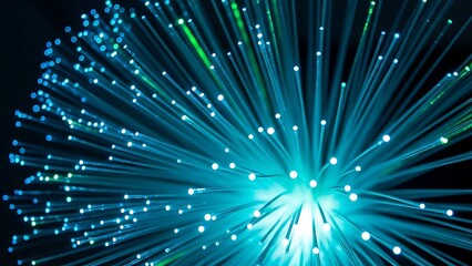 Abstract image of glowing fiber optic strands emitting light, representing technology and connectivity