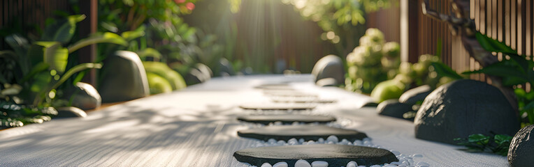Serene garden pathway with stepping stones and lush greenery