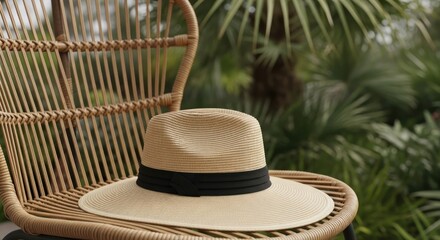 Stylish straw hat with black ribbon on a wicker chair in a garden setting
