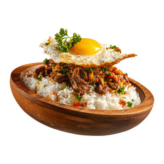 Latin American Bandeja Paisa meal with rice, fried egg, meats, beans, and plantains served on wooden plate isolated on white transparent background. Colombia and Venezuela cuisine