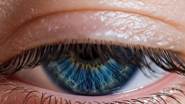 Macro blue eye close-up showing intricate iris texture and vision.