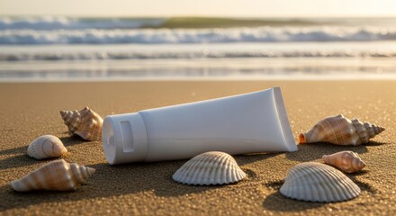 Sun protection on the beach with blank tube and seashells for summer trip
