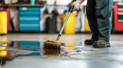 A maintenance worker sweeping up a spill in a workshop, wearing workwear and gloves, utilizing a brush to clean the liquid mess in the workshop floor area.