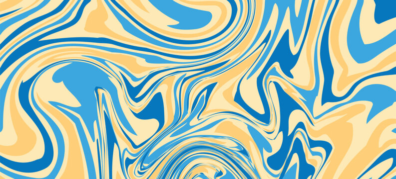 A bright, wavy abstract pattern in blue, cream, and bright yellow. The swirling, cropped design gives a psychedelic, retro, and fluid feel.