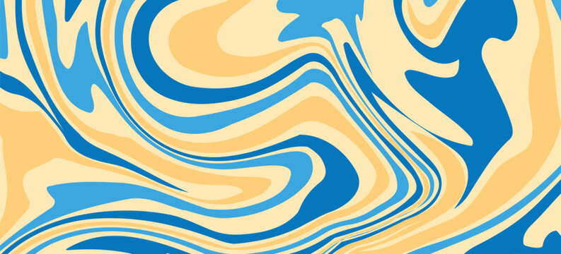 A bright, wavy abstract pattern in blue, cream, and bright yellow. The swirling, cropped design gives a psychedelic, retro, and fluid feel. Eps 10