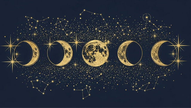 Gold celestial moon phases and constellations