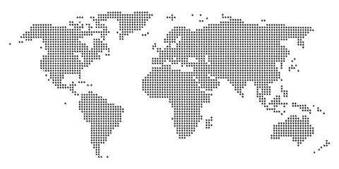 Pixelated world map illustration displaying continents and oceans in a minimalist style © Sukla