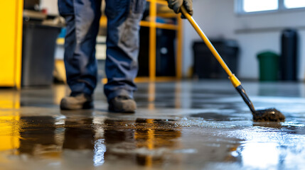 A worker diligently mops up a spill on a polished floor. The reflection of the scene shimmers, enhancing the clean and orderly workspace. Safety is key in this environment.