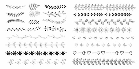 Collection of decorative botanical elements and floral branch patterns in black and white © Sukla