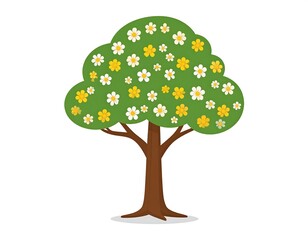Cartoon Spring Tree with White and Yellow Flowers Blooming Against White Background