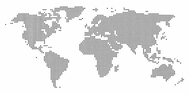 Pixelated world map illustration displaying continents and oceans in a minimalist style