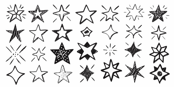 Collection of hand drawn stars and sparkling shapes in black and white