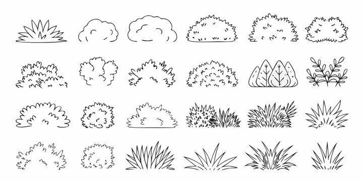 Collection of hand drawn bushes and trees in a simple black and white style