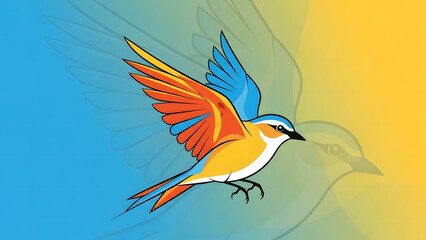Obraz premium A colorful stylized bird with blue, orange, and yellow feathers flying against a split blue and yellow background with a subtle bird silhouette.