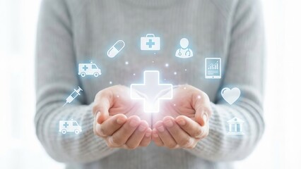 Cupped Hands Holding Glowing Medical Icons and Healthcare Plus Sign