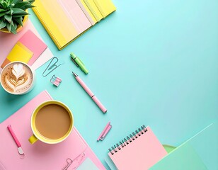 Workspace scene with coffee, notebooks, pens, and plant