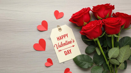 Romantic valentines day concept with red roses, small hearts, and gift tag on light wood background