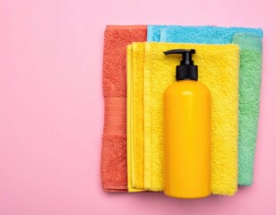 Stacked, folded towels of varying colors with a yellow pump bottle